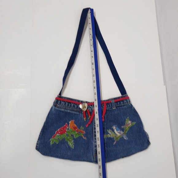 Shoulder Bag Handmade Denim Sheplers Jeans Boho Hippie Cardinals and Blue Jays - Picture 9 of 12
